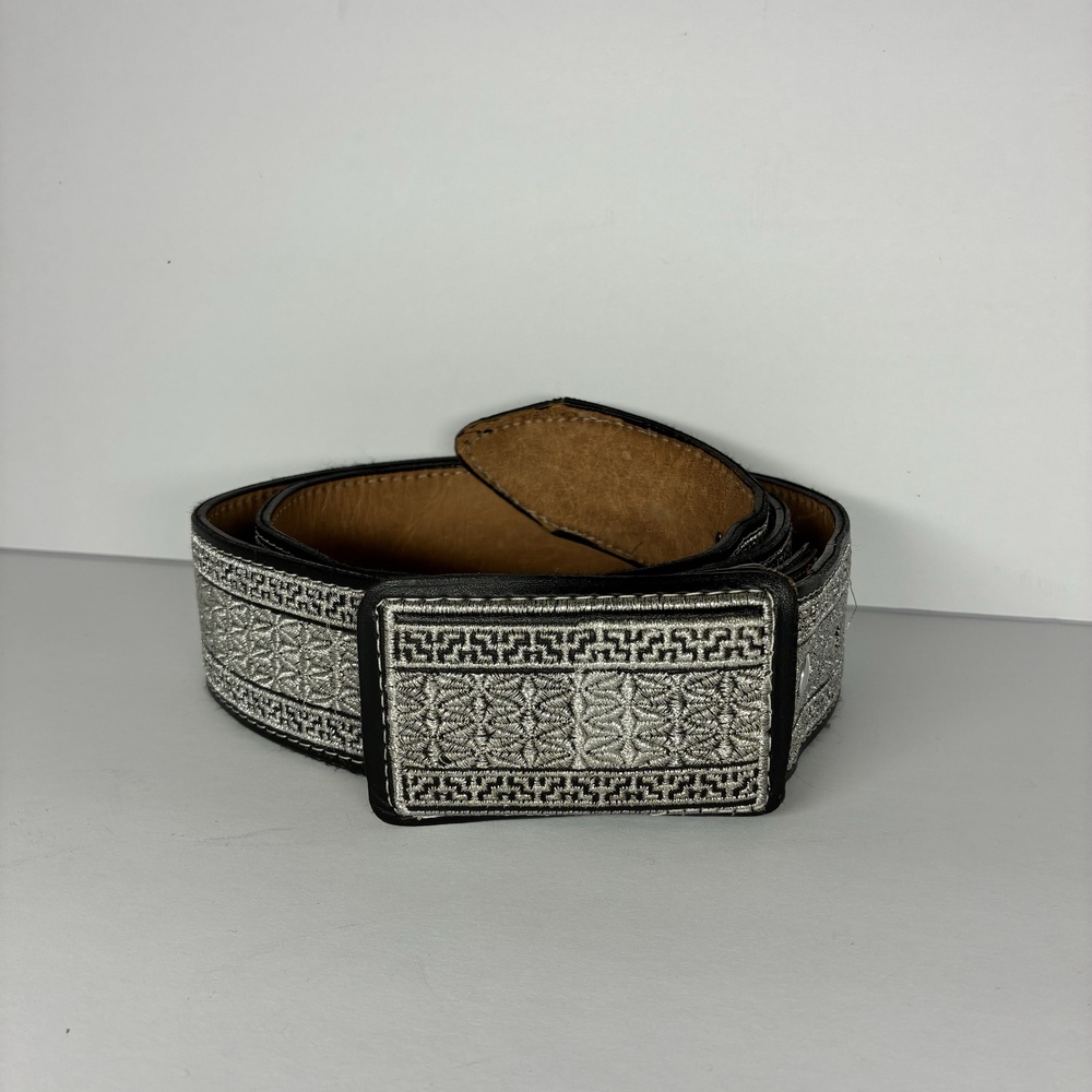 Delto Leather Belt Mens 38 Silver Embroidered Wide Western Studded Buckle Mexico